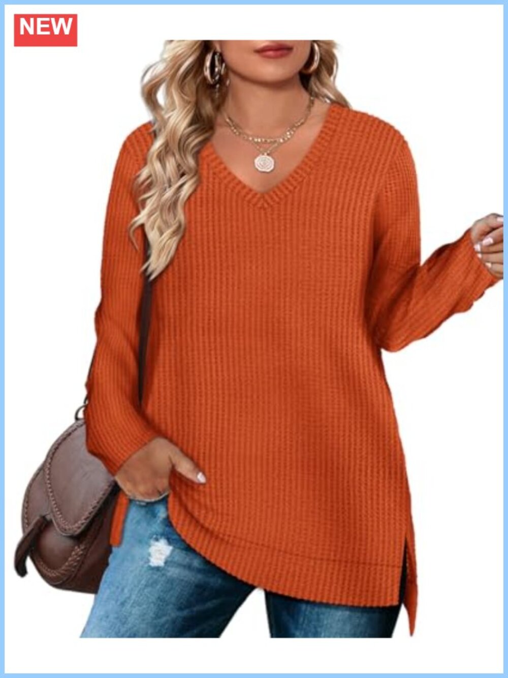 Plus Size Waffle Knit Sweater V-Neck Oversized Split Hem Tunic